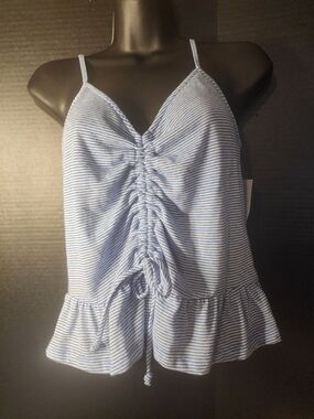 Socialite Blue & White Striped Ruched Tie-Front Crop Cami